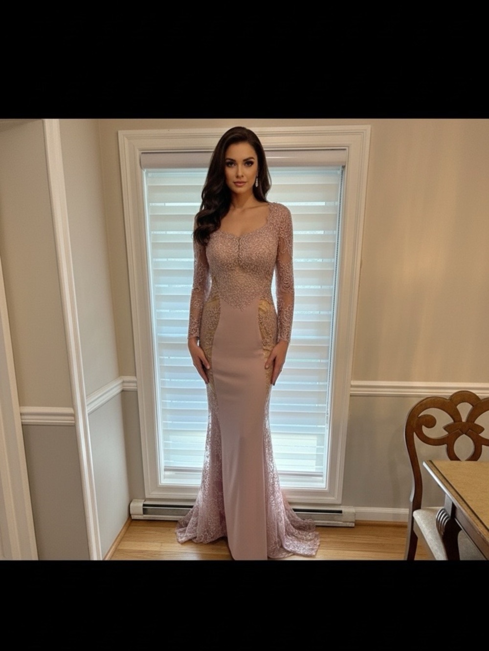 Women's Long Sleeve Lace Evening Gown in Blush Pink